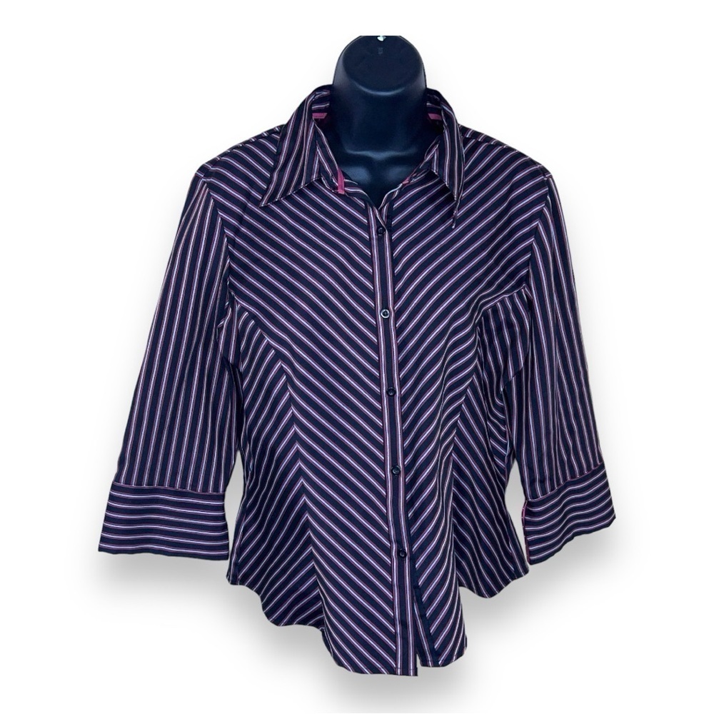 LARGE VINTAGE TANGENTS PINK BLACK STRIPED STRETCH BLOUSE BUTTON FRONT